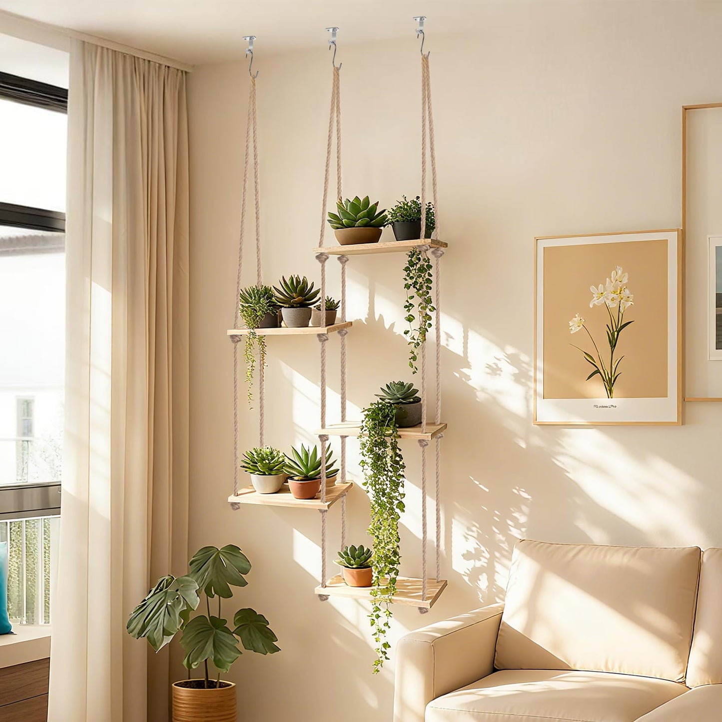 AIOWZZY Window Plant Shelves 5 Tier Hanging Plant Shelf for Indoor Plants 3-In-1 Ceiling Wall Curtain Rod Mounting Space-Saving Plant Holder for Living Room Wall Bedroom Home Decor