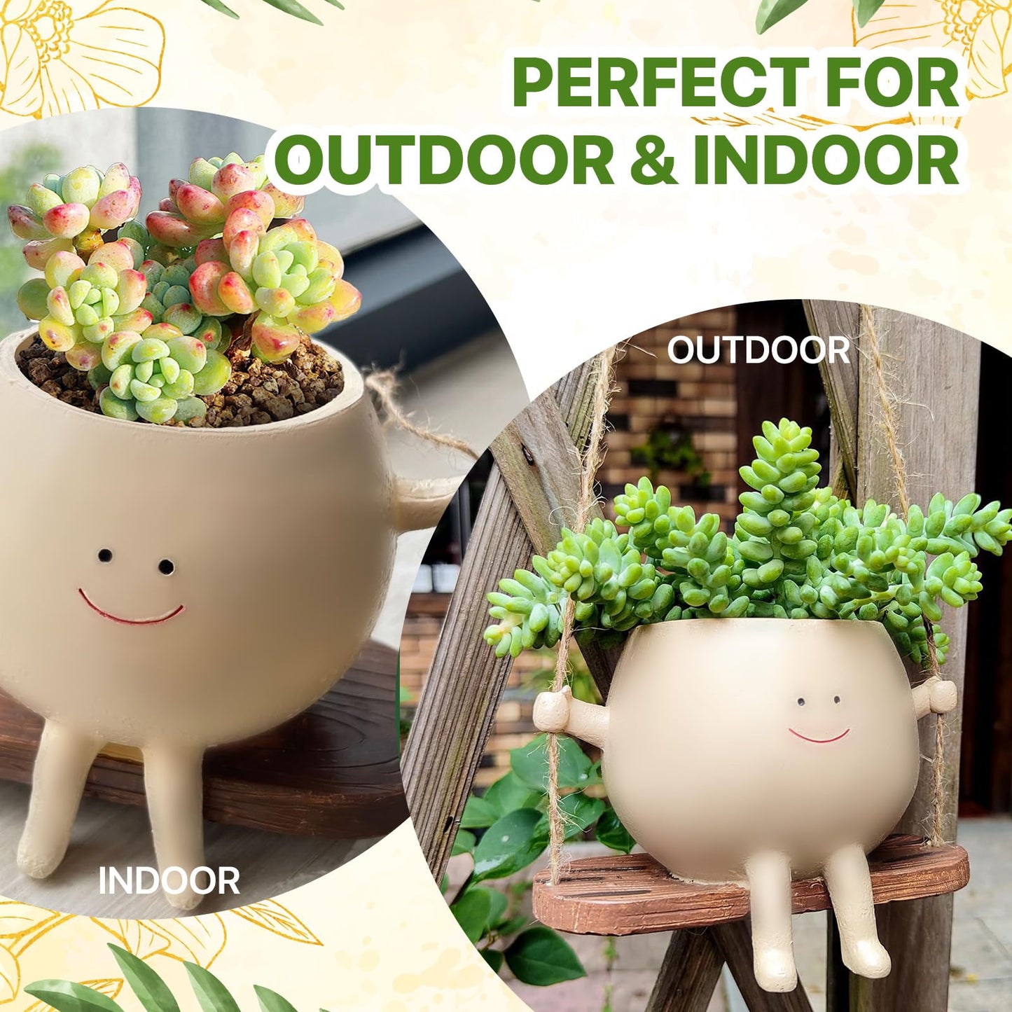 2 PCS Swinging Face Plant Pots 【2025 THICKEN VERSION】Unique Cute Hanging Succulent Cactus Flower Head Resin Planters Pots for Indoor & Outdoor, Creative Novelty Decorative Planter Gift for Home Garden