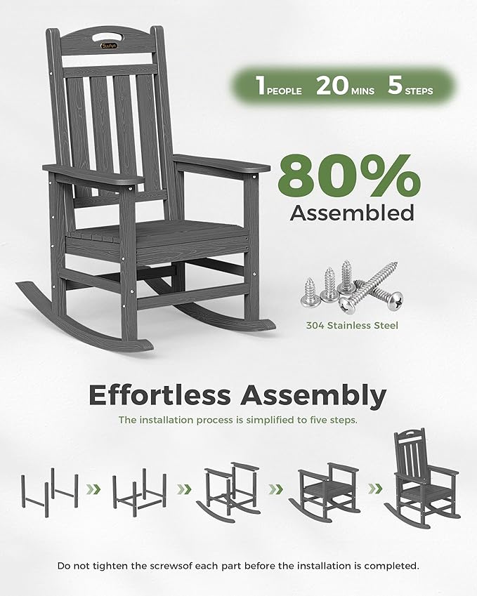 Oversized Outdoor Rocking Chair, HDPE All Weather Resistant Patio Rocking Chair, High Back Porch Rocking Chair, 380lbs Weight Capacity, Dark Grey