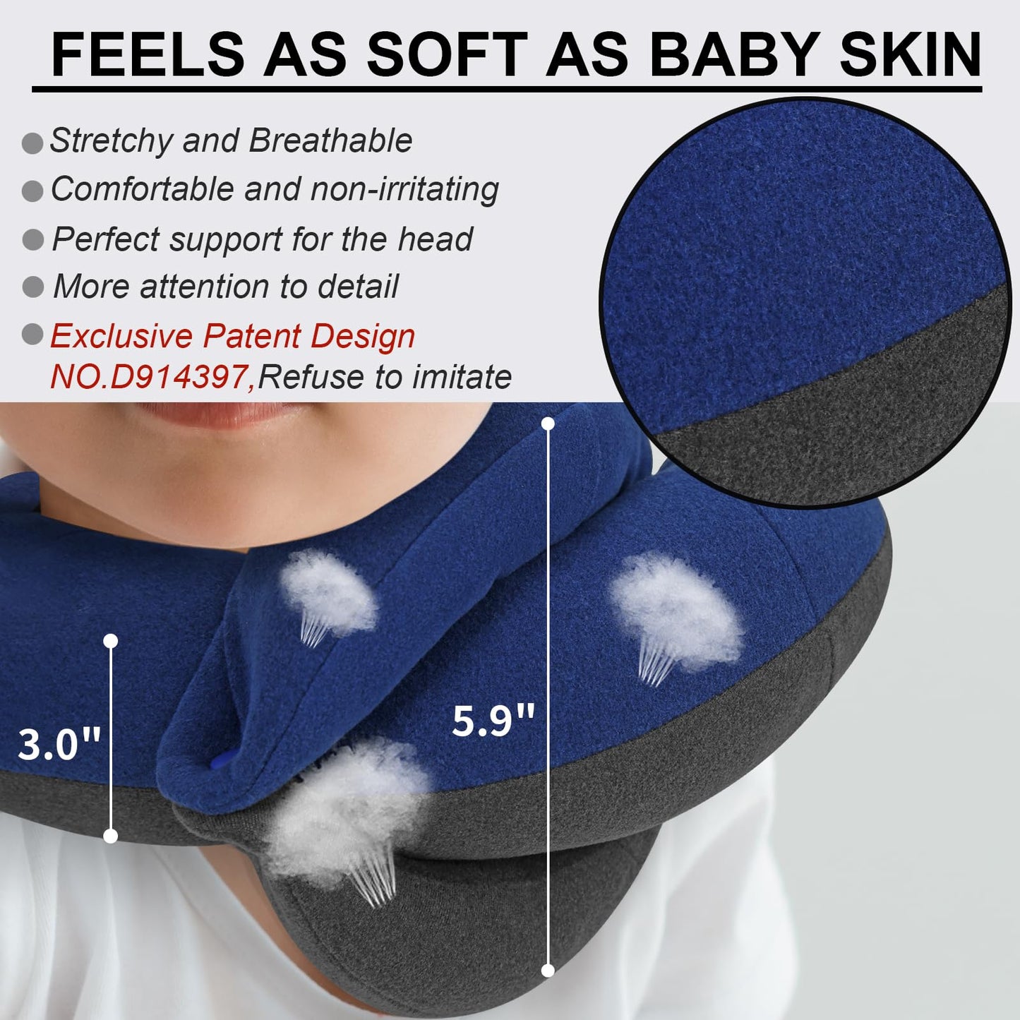 BUYUE Kids Travel Pillows for Airplane, 360° Head Support Sleeping Essentials for Boys Long Flight, Skin-Friendly Soft Neck Pillow for Traveling in Car Seat, (Small, Blue Grey, 40-100 lbs)