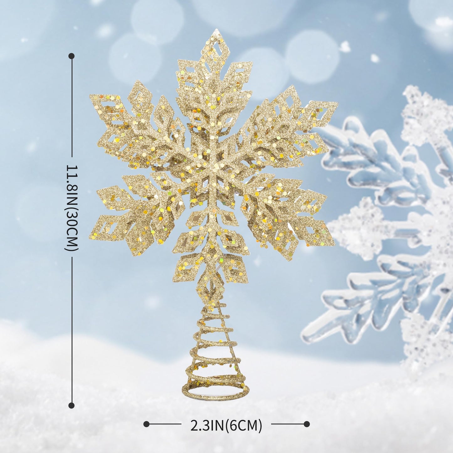 Christmas Tree Topper,Lighted Glitter Snowflake Tree Topper with Neon Lights for Christmas Tree and Holiday Seasonal Decoration(Gold)