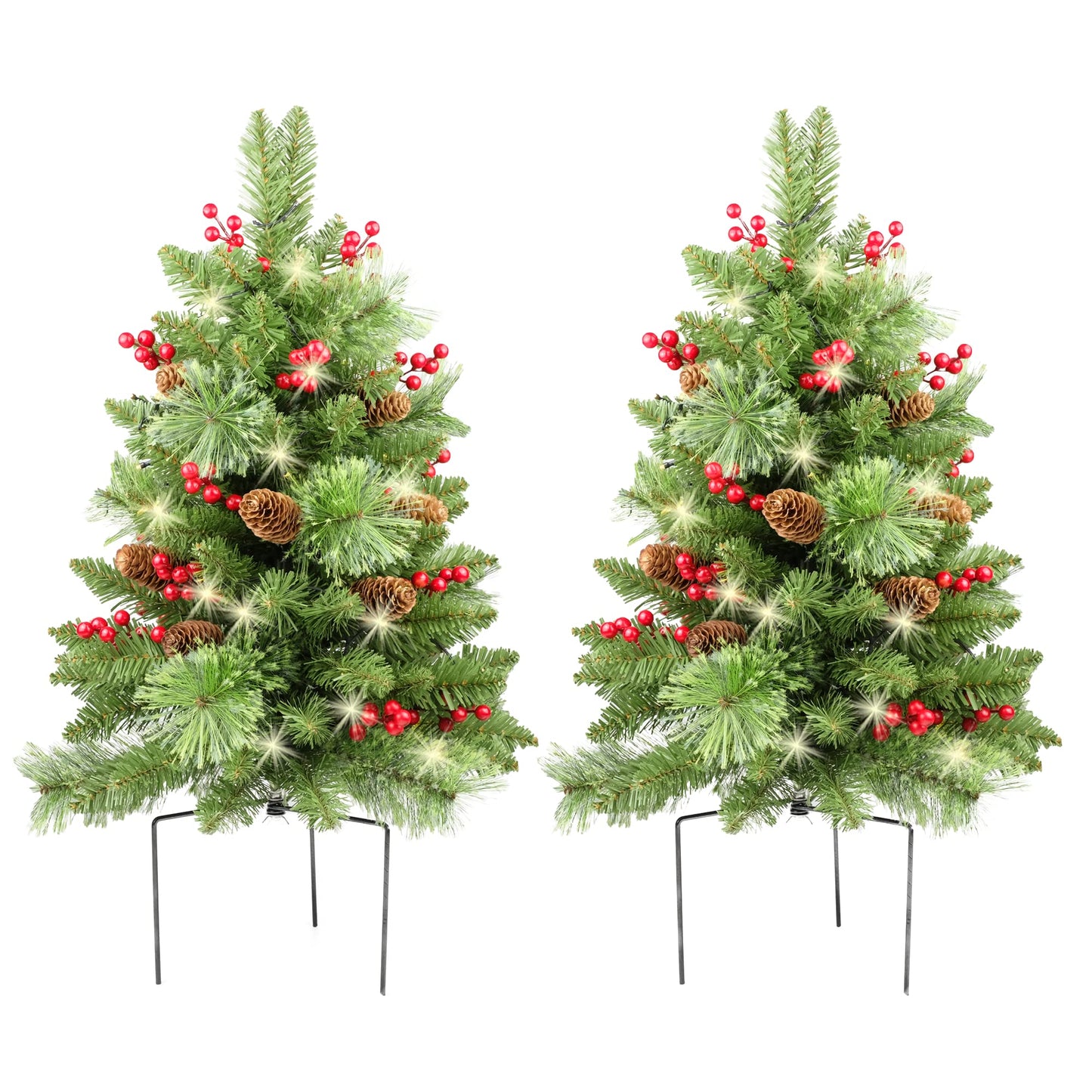 Christmas Tree 30 inch Prelit 2 Set Pathway Porch Christmas Trees Pre-Light LED Battery Operated Outdoor Xmas Decor for Entrance Driveway, Yard, Garden, Red Berries, Pine Cones