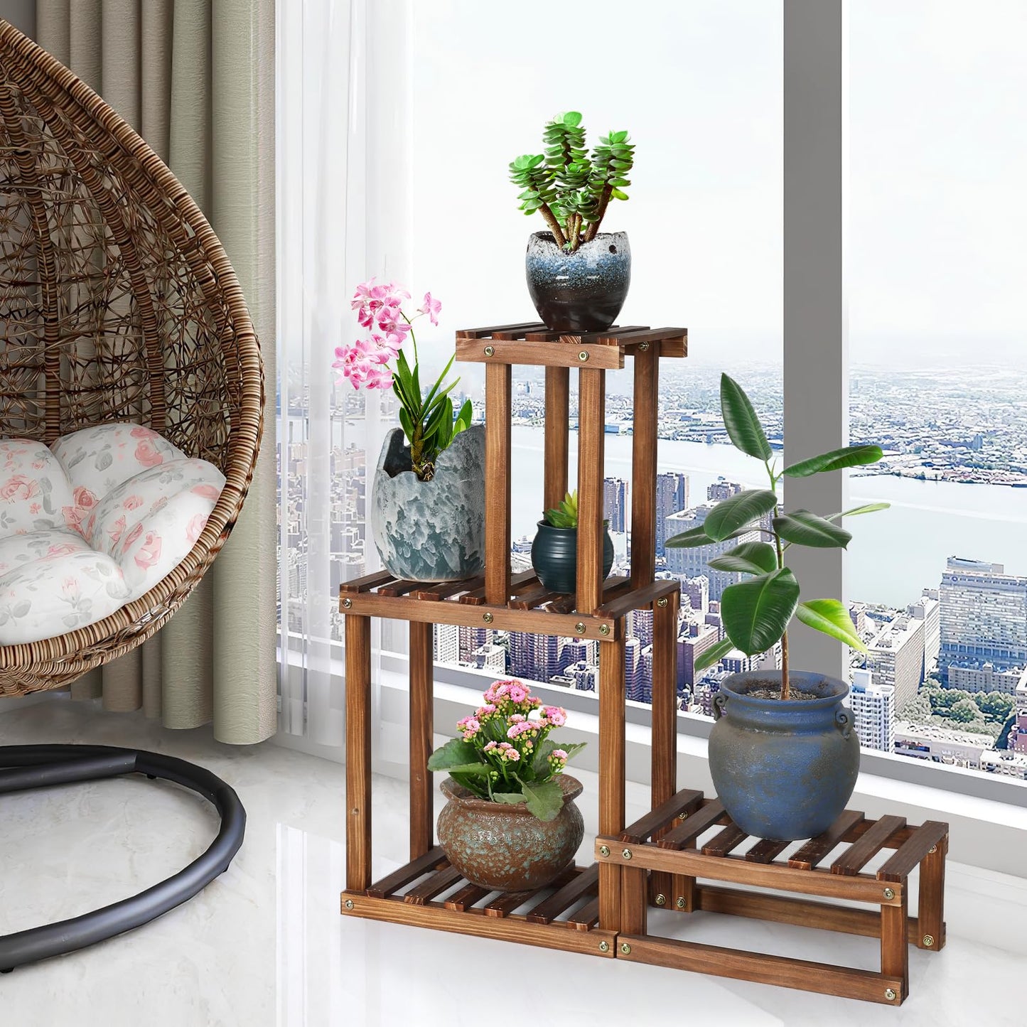 COOGOU Wood Plant Stand Indoor Outdoor 4 Tiers Plant Rack Corner Planter Shelf Flower Pot Holder for Living Room Garden Patio Yard Porch (Space Saving,27.6”,Small)