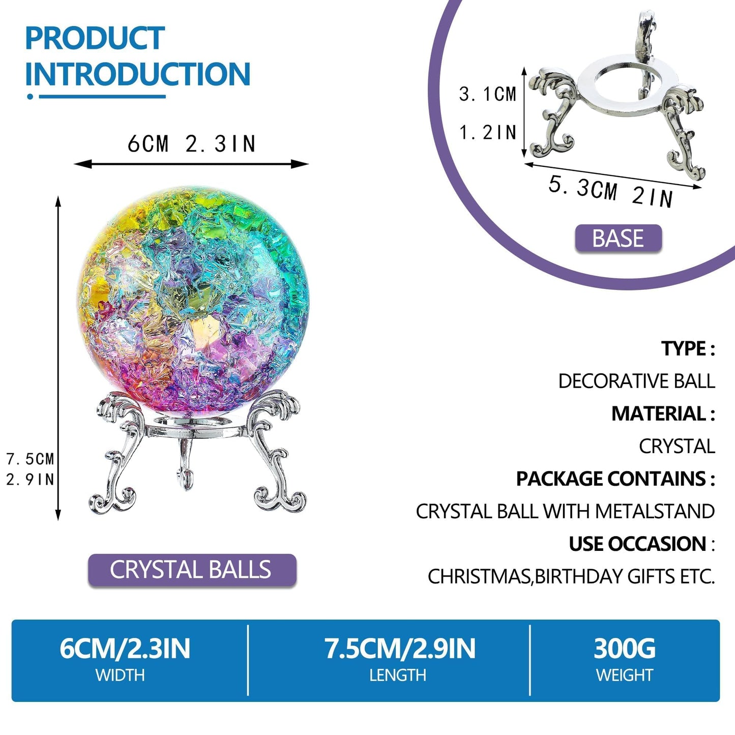 ZEERSHEE Colorful Ice Cracked Crystal Ball with Stand, 2.3" Glass Decor