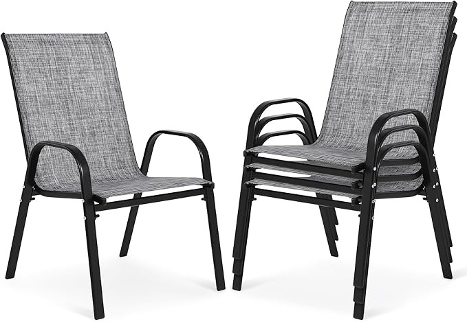 Outdoor Stackable Chairs Set of 4, Stacking Patio Chairs with Textilene Fabric, Outside Furniture for Garden Backyard Balconie Poolside Deck, Grey