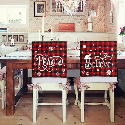 CCINEE 6pcs Christmas Chair Back Covers, Red and Black Buffalo Plaid Chair Slipcovers with Snowflake Xmas Chair Back Cover for Dining Room Kitchen Wedding Hotel Xmas Party Table Decor