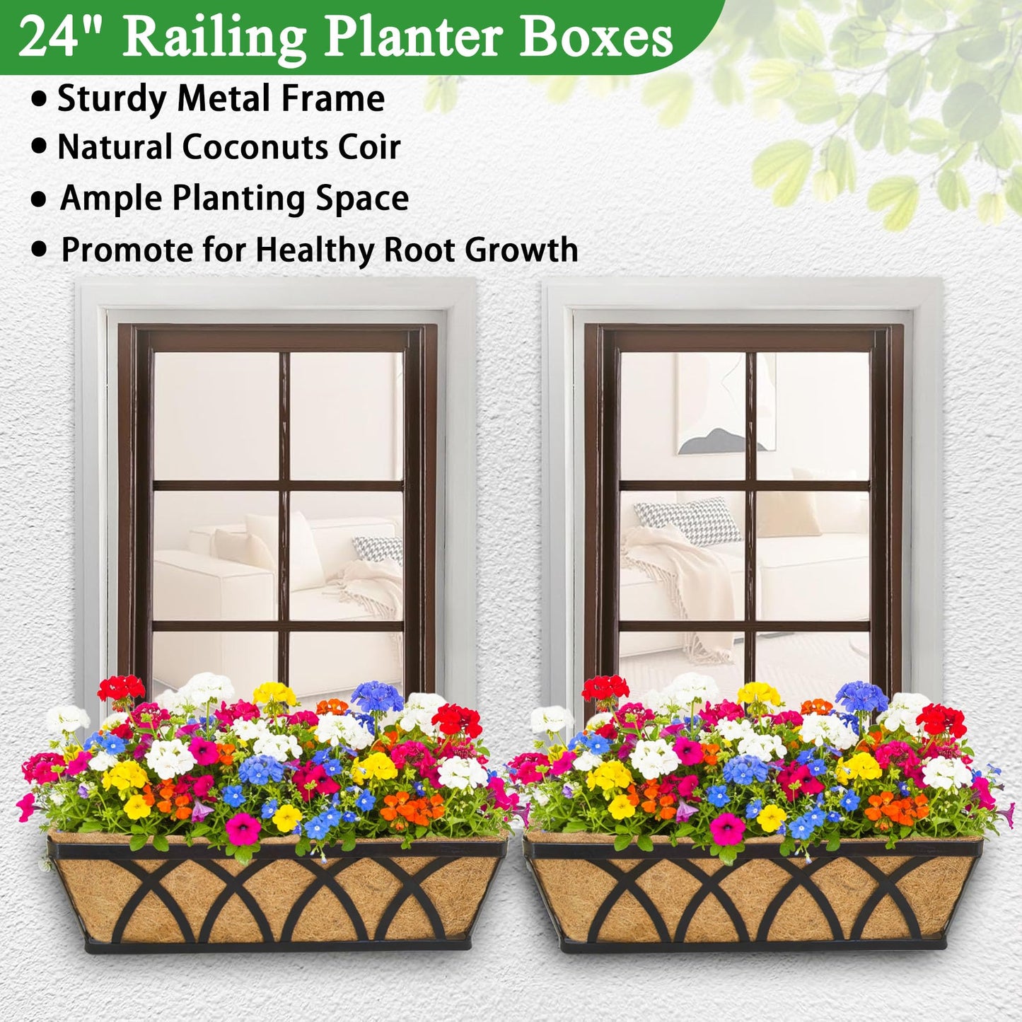 XXFBJNMD 2 Pack 24 Inch Window Box Deck Railing Planter with Coco Liner Fence Balcony Patio Long Window Flower Box Deck Railings Hanging Horse Trough Balcony Garden Rail for Outdoor Garden Fence Lawn