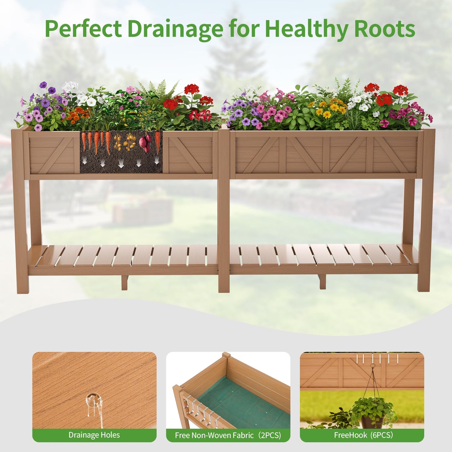 HIPS Elevated Raised Garden Bed with Legs,72"L x 17.3"W x 28.7"H Large Outdoor Planter Box with Storage Rack,All-Weather Raised Bed Planters with 6 Hooks & 2 Non-Woven Liner for Vegetables Flower Herb