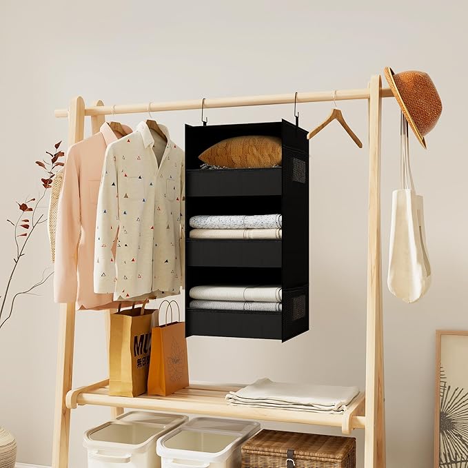 3-Shelf Hanging Closet Organizer and Storage, Foldable Hanging Closet Shelves