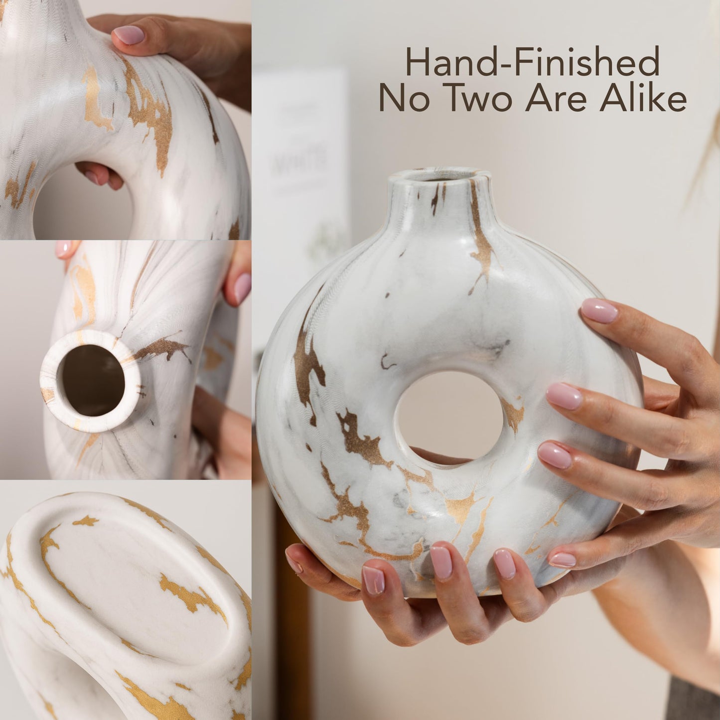 Modern Ceramic Donut Vase Set of 2 - Boho Design White and Gold Marble Pattern Vases for Flowers and Pampas - Elegant Home Decor Centerpieces for Coffee Tables - Entryways - Dining and Living Rooms