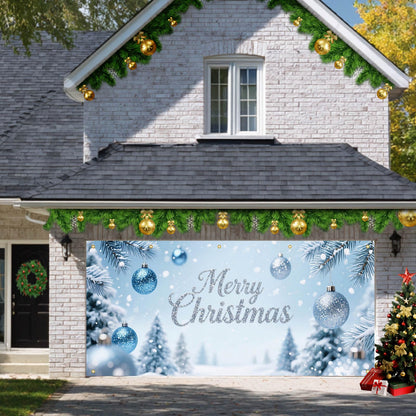 HOMETITUTE Merry Christmas Garage Door Banner 13x6ft Ornaments Snow Trees Theme Backdrop Outdoor Garage Door Cover Winter Scene Display Holiday Yard Decorations for Party Garage Wall Covering
