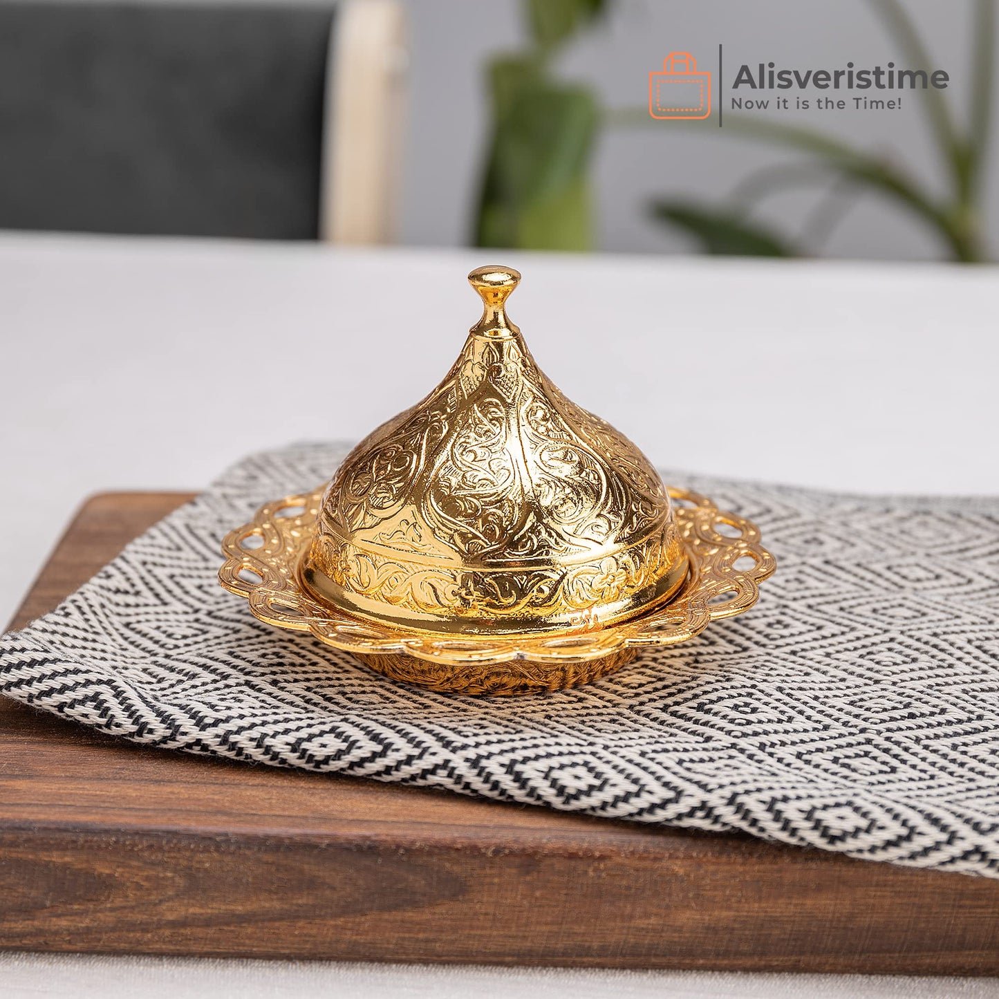 Alisveristime Coated Handmade Brass Sugar Chocolate Candy Bowl Serving Dish with Lid, Salt Bowl, Coffee Bar Sugar Holder (Kubbeli) (Gold)