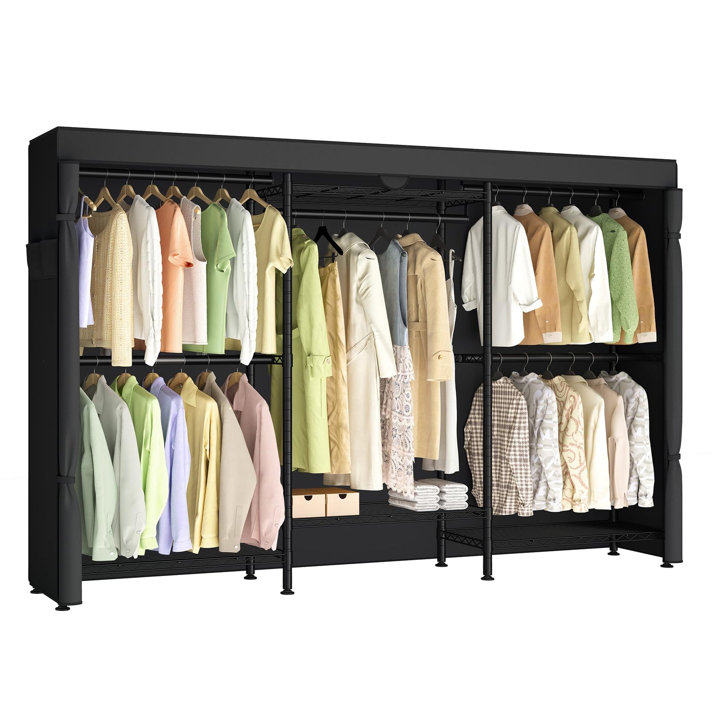 SONGMICS Heavy-Duty Rolling Clothes Rack, Garment Rack, Portable Closet, with Adjustable Mesh Shelves and Hanging Rails, Fabric Cover, 15.8 x 86.4 x 76 Inches, Ink Black ULGR437BH01