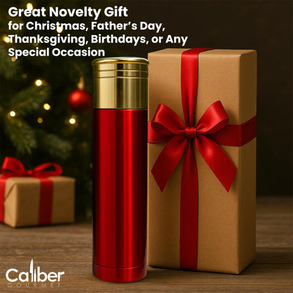 Caliber Gourmet 12 Guage Shotgun Shell Thermos Bottle 32 Ounces, Vacuum Insulated Stainless Steel Bullet Thermos – Novelty Hunting Thermos Gift for Christmas – Great for Camping Gear, Bold Red