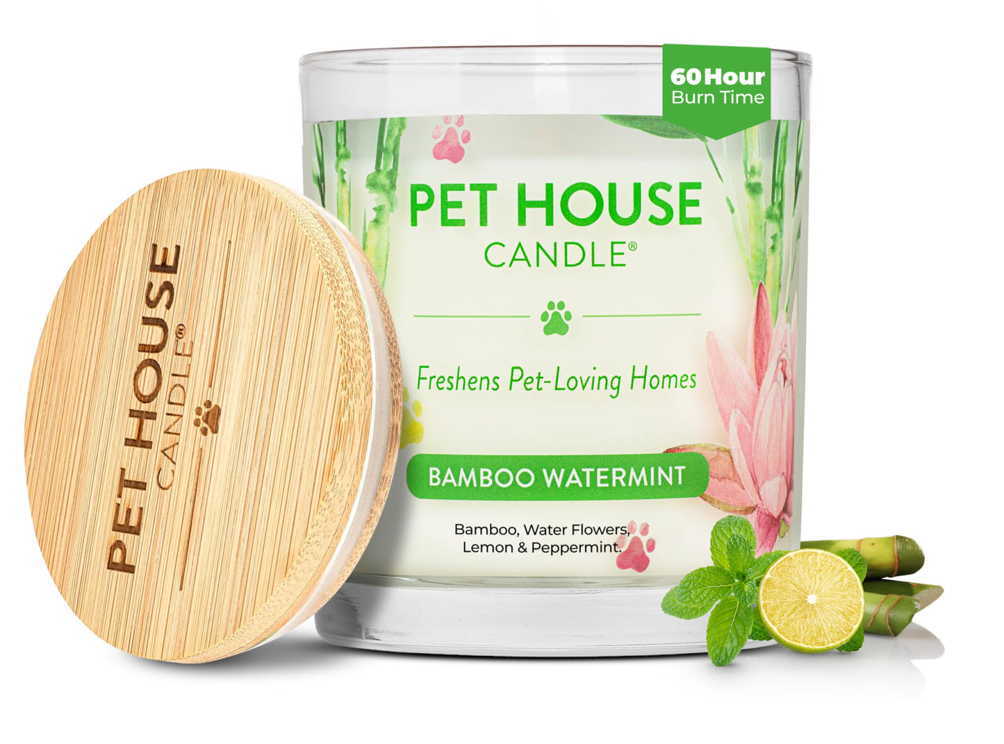 Pet House Candles, Plant-Based Pet Candle Clean Burning, 60 Hour Burn Time with a Natural Fiber Wick - Bamboo Watermint