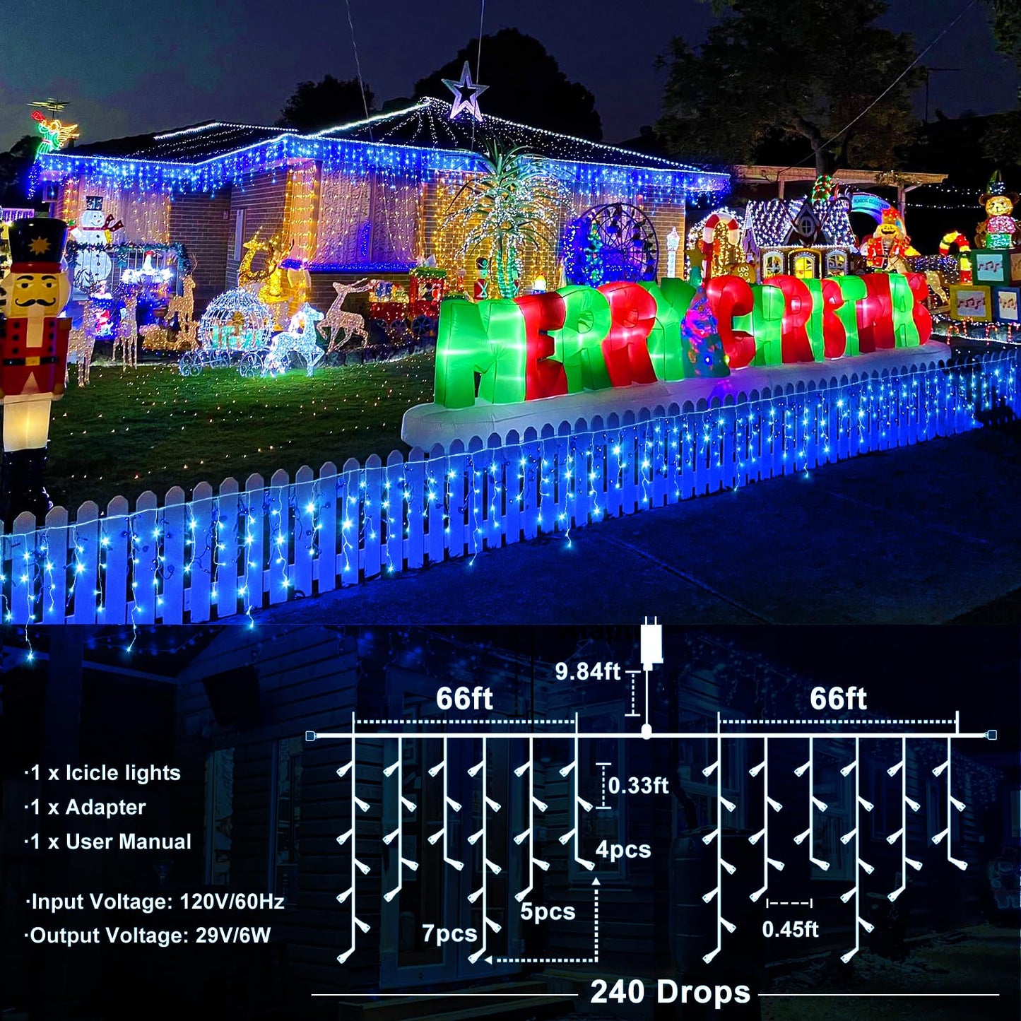Icicle Christmas Lights Outdoor, 132ft 1280 LED Icicle Lights for Outside, Plug in Twinkle Lights Indoor with 8 Modes Timer Waterproof for House Holiday Decor Wedding Christmas Decorations, Blue
