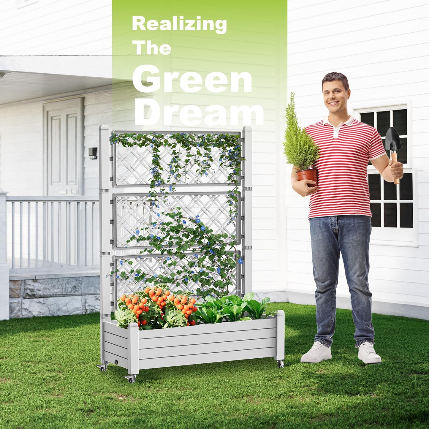 Vixzen 64" Tall Raised Garden Bed,Outdoor Large Resin Planter Box with Trellis and Drain Plug for Climbing Plants,Easy to Assemble,Water Monitor,Mobility(Ashen, 43.43"×18.27"×64.29")