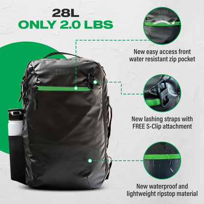 COR Surf Carry On Travel Backpack Bundle | Island Hopper Travel Backpack with Toiletry Bag and Compression Packing Cube Set (28L 2.0, Black with Green Zipper)