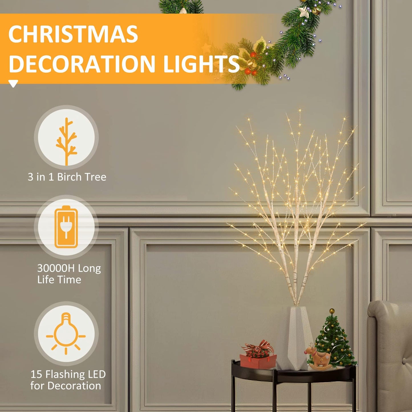 Bexdir Lighted Birch White Tree Branches 33IN 180LED with Timer Plug in, Artificial Tree White Birch Twig for Christmas Home Decor Party Wedding Bedroom