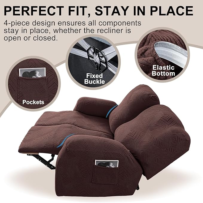 Recliner Loveseat Covers, 4-Piece Stretch Geometric Strokes Jacquard Reclining
