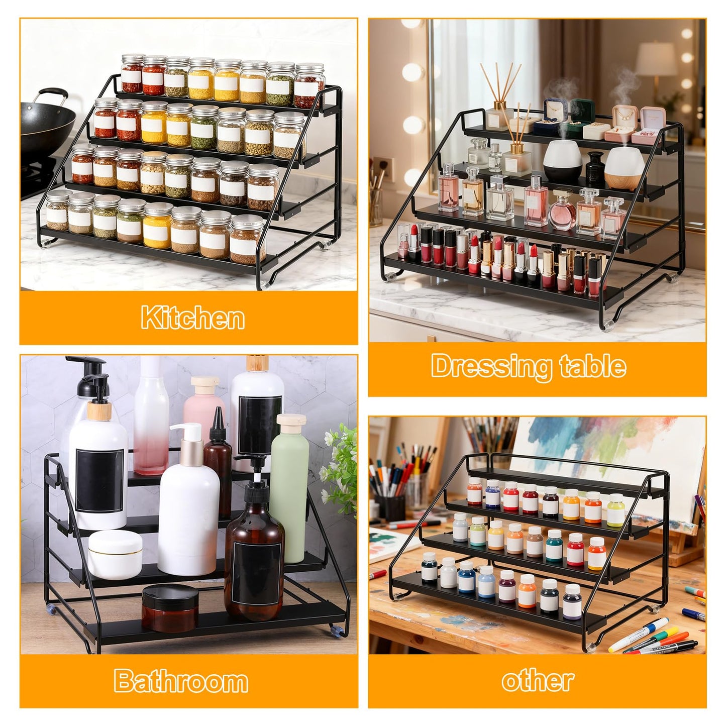 Exclaith 4 Tier Spice Rack for Cabinet, Step Adjustable Spice Shelf, Metal Step Spices Storage Holder with Protection Railing, Seasoning Organizer for Countertop, Cupboard, Pantry