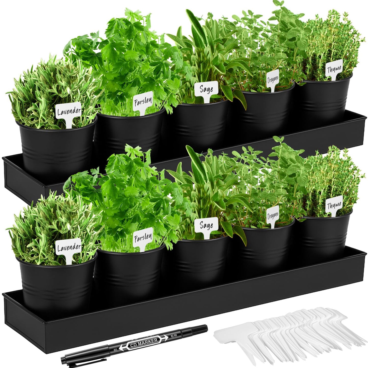 FoldTier 2 Sets Herb Garden Planter Indoor Kit with Trey 10 Pcs Metal Windowsill Plant Pots with Drainage Holes Indoor Herb Planter with Marker and Labels for Home Outdoor Plants (Black)