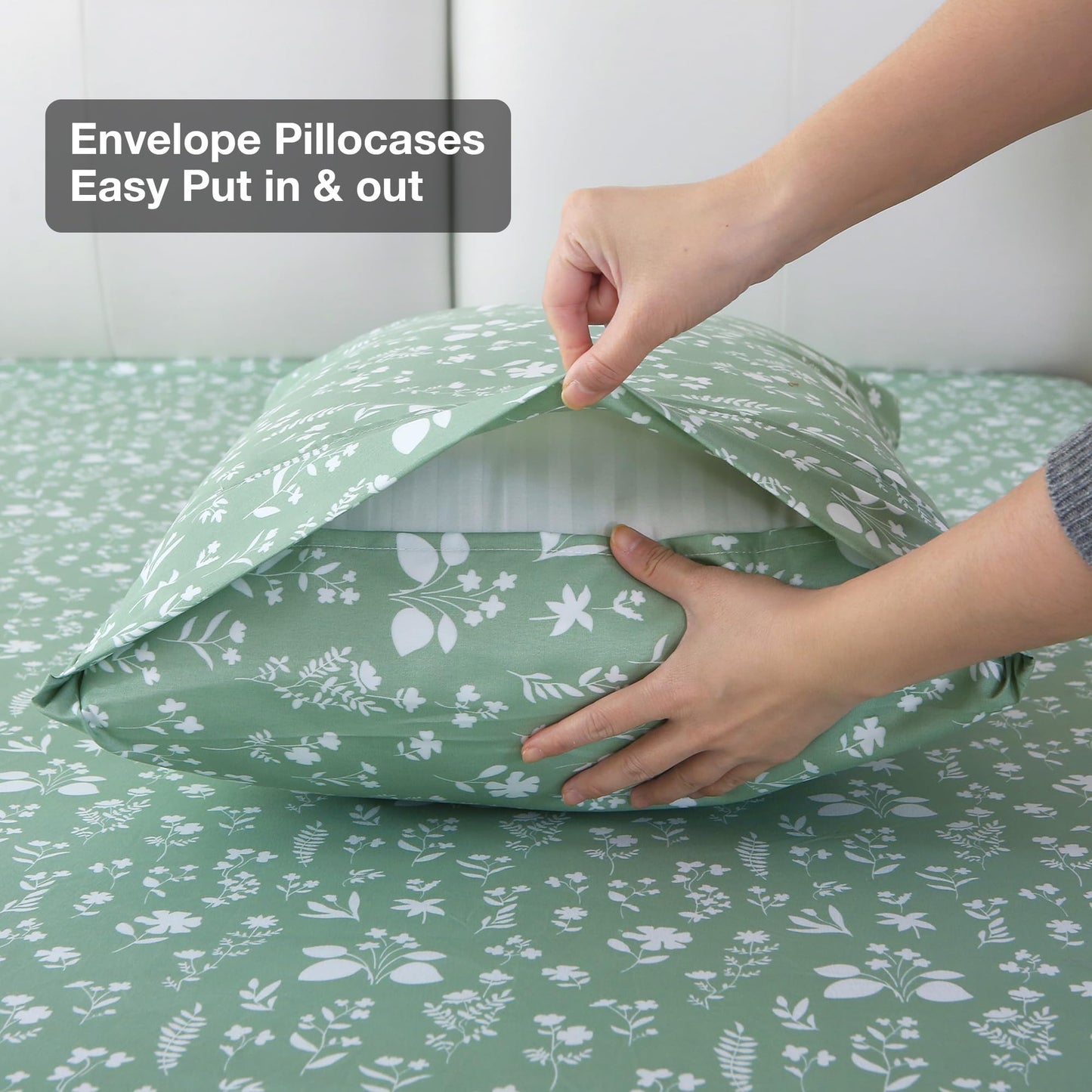 Viviland Sage Green Queen Sheet Set - 4 Piece Vintage Green Flower Patterned Bed Sheets - Soft, Breathable Microfiber Floral Sheets with Deep Pocket, Non-Slip Fitted Sheets & Pillowcases
