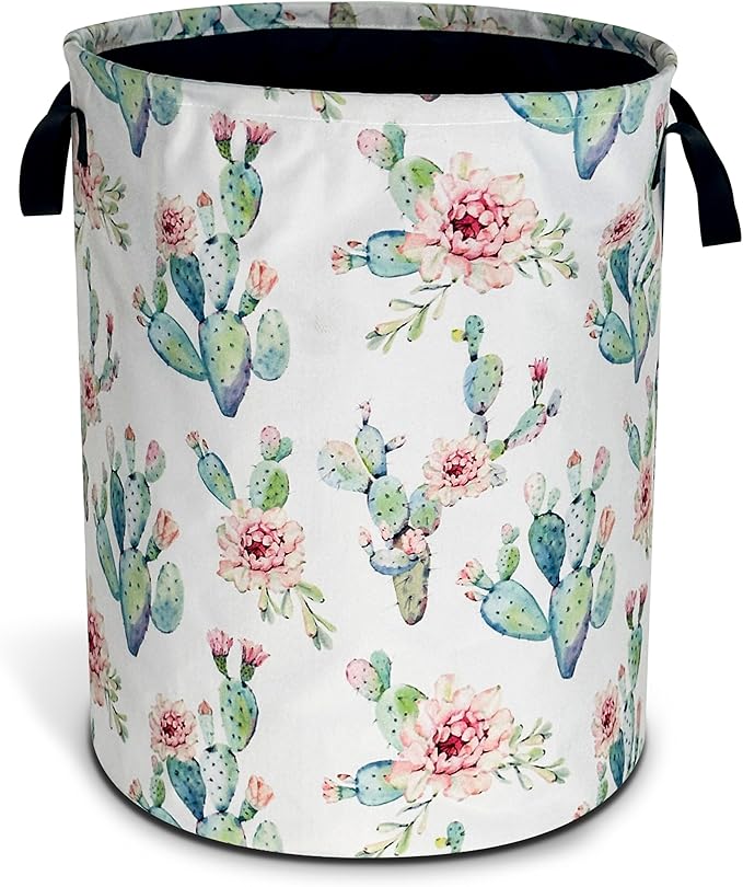 Cactus Flowers Laundry Basket Pink Floral Foldable Oxford Cloth Funny Tote Bag