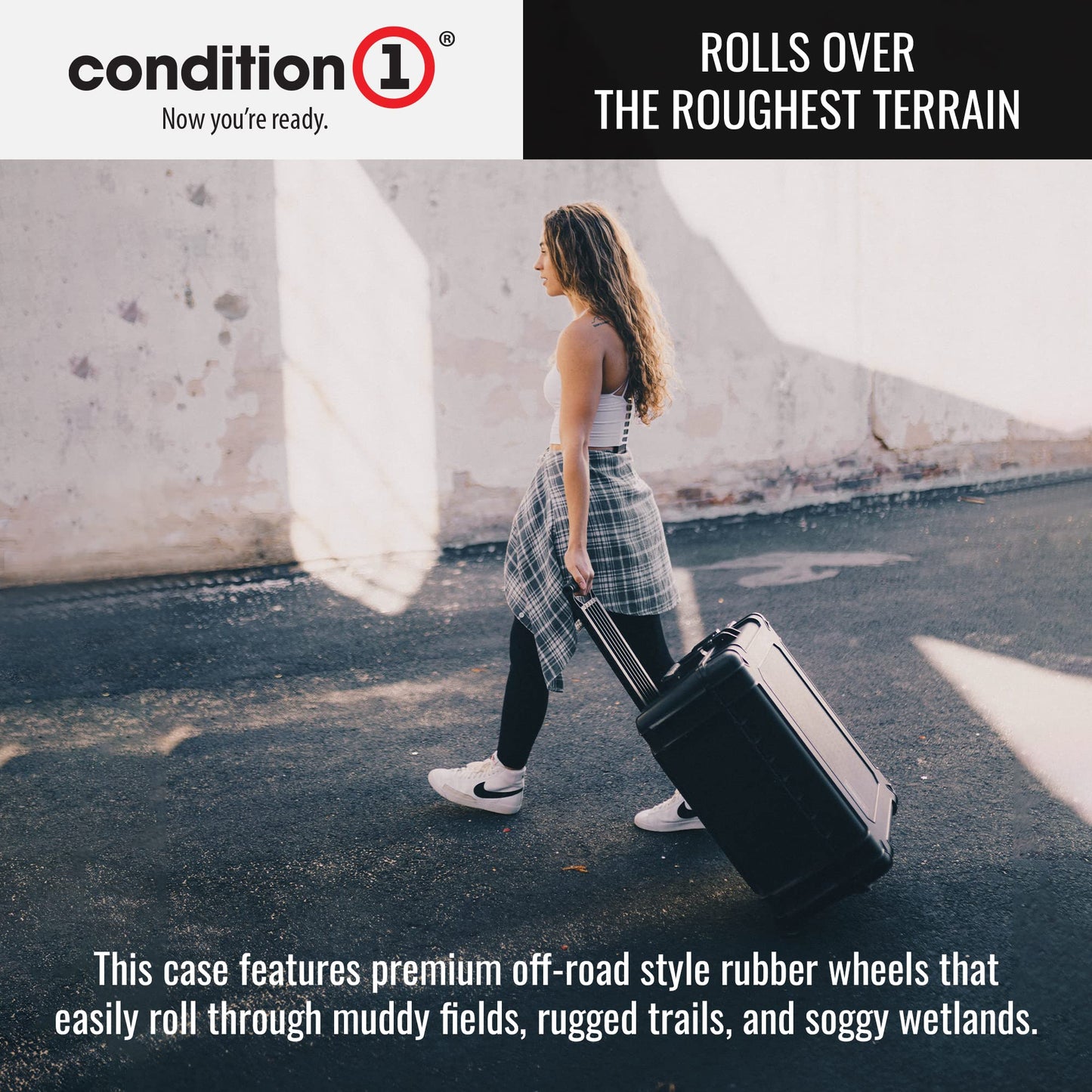 Condition 1 31" Large Waterproof Rolling Hard Travel Case Model 1258 with Wheels, Plastic Lockable, for Electronics, Tactical Gear, Made in USA, 31.6"x20.1"x12.66" Black