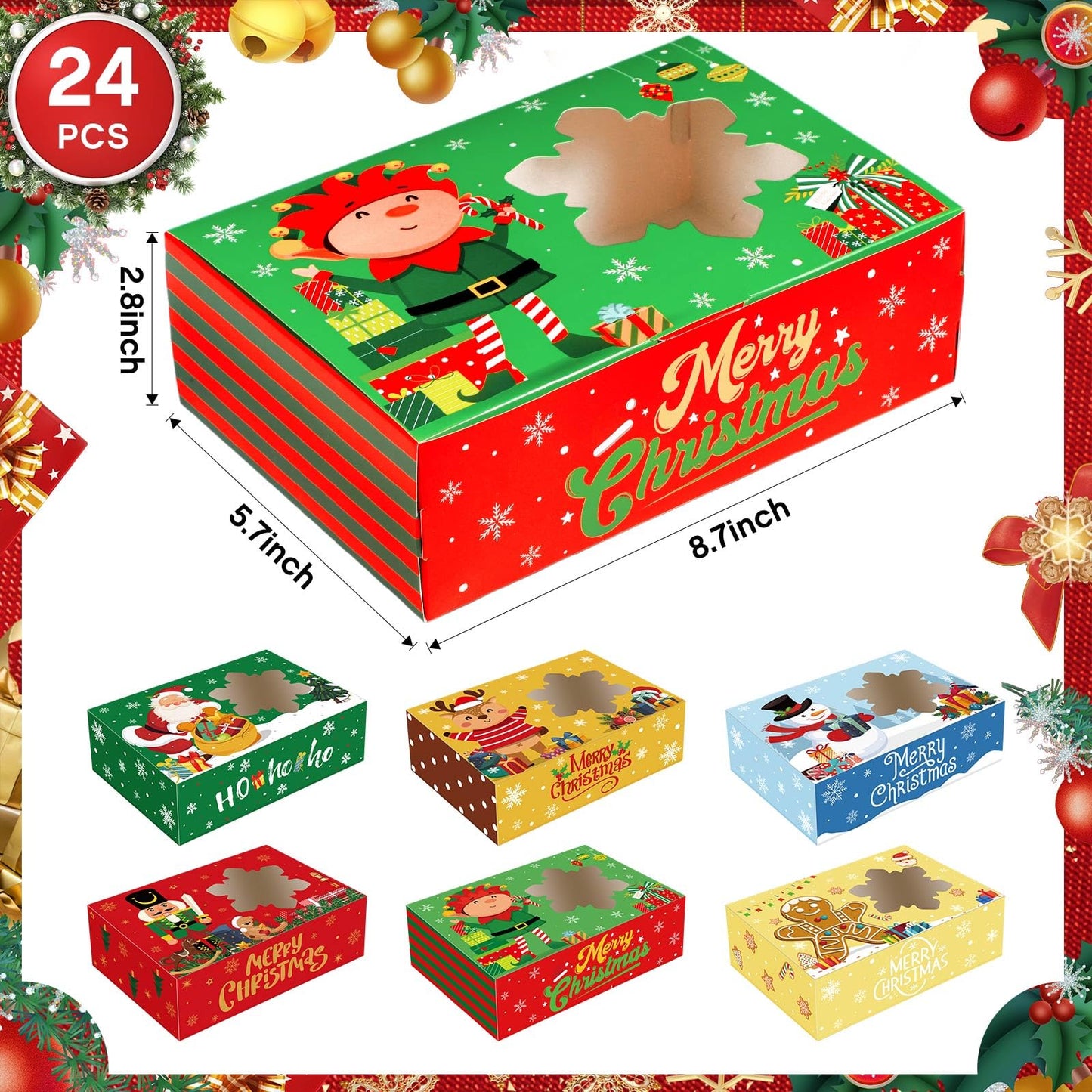 Beeveer 24 Pcs Christmas Cookie Boxes for Gift Giving Christmas Treat Boxes with Window Christmas Cookie Containers 8.7 x 5.7 x 2.8 Inch Kraft Holiday Bakery Box for Xmas Party Favor Cupcakes Candy