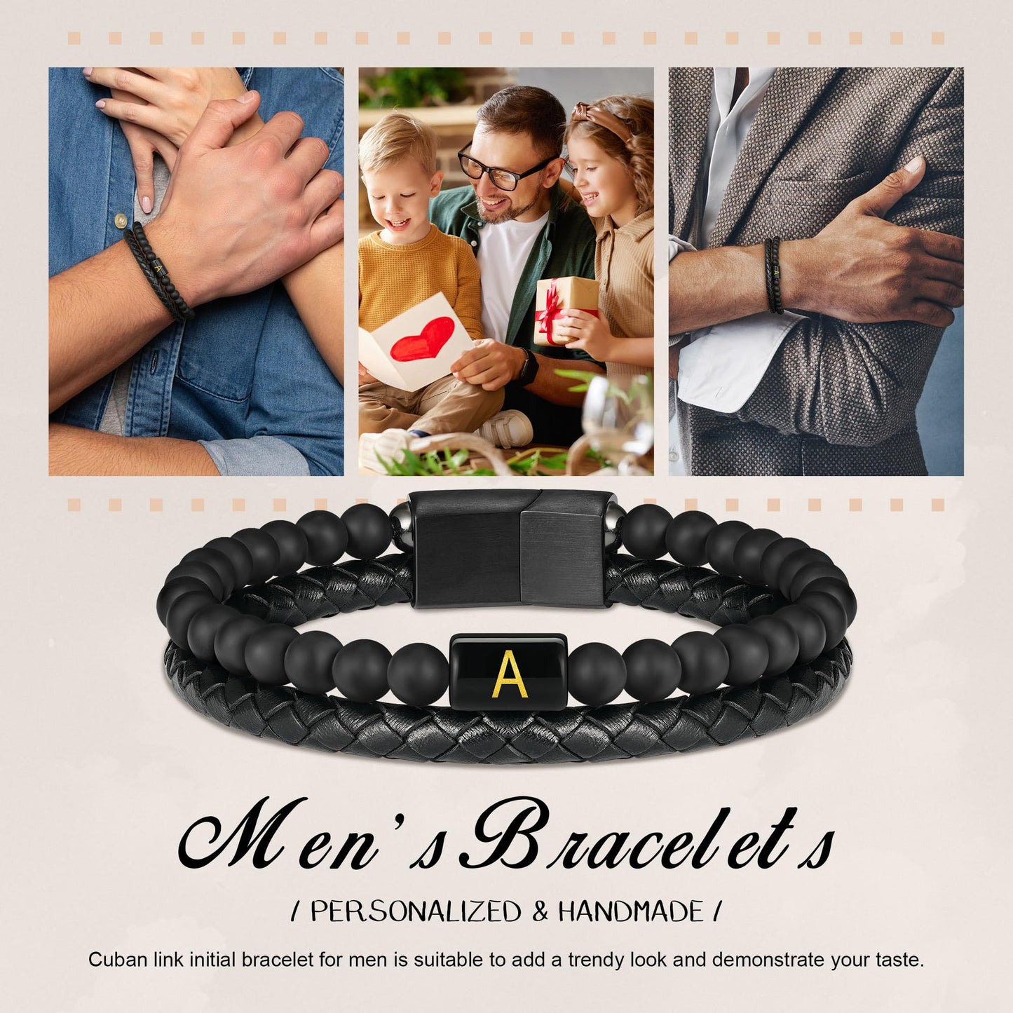 FOCOOG Gifts for Mens Bracelet - Men Gift Leather Bracelets for Men with Initial Matte Agate Bead Magnetic Clasp Leather Men's Initial J Bracelet for Men's Jewelry Mens Gifts for Dad Husband