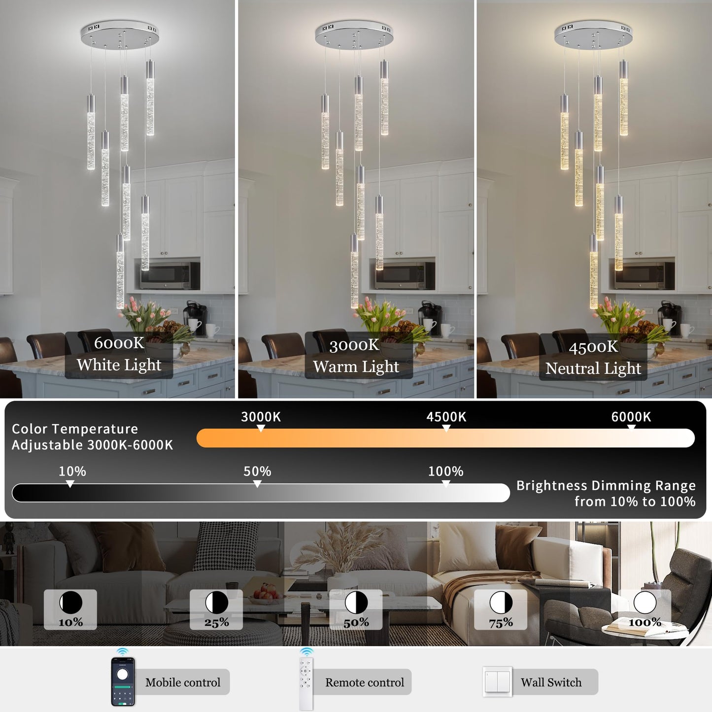 Upfelw Modern High Ceiling Crystal Chandelier 7-Lights, Spiral LED Raindrop Foyer Pendant Lighting, Bubble Staircase Living Room Hanging Light Fixture Flush Mount Chrome