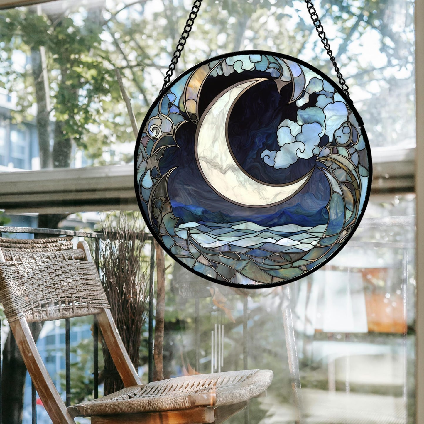 JOSUMALY Stained Glass Window Hanging - Abstract Sea of Clouds Moon Sun Catcher for Door Terrace Garden Home Decor, Gray Blue Suncatcher Birthday Gifts for Lovers Women Men Dad Mom Nana 11.8 in