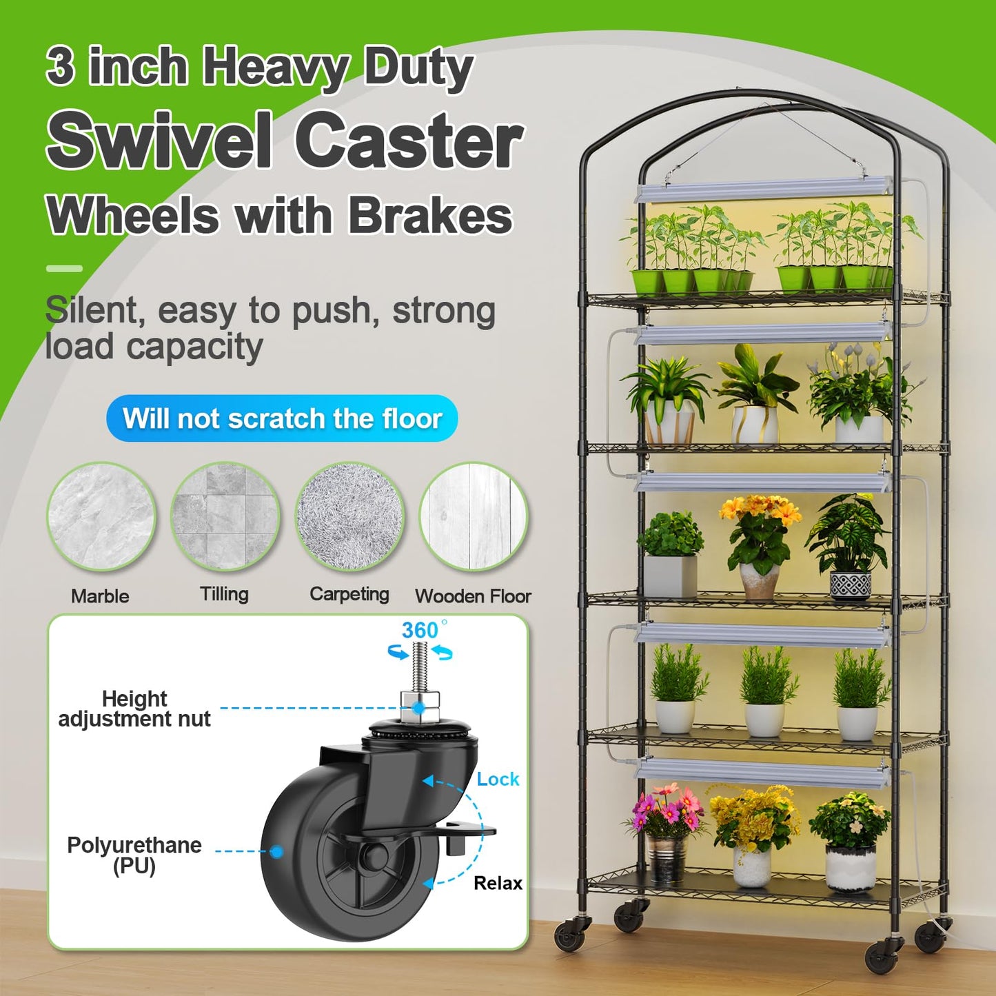 Abimars 5-Tier Greenhouse with Grow Light, Shelf Height Adjustable Metal Plant Shelf with PVC Cover and Wheels, Includes 5-Pack 2900K Full Spectrum Plant Lights, 13x29x73inch