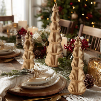 Fivebop Wooden Christmas Tree Figurine, 3 Pcs Tabletop Xmas Tree, Christmas Centerpiece Decor for Home Entryway Mantel Shelf Table Fireplace Holiday (Glod-Wood)