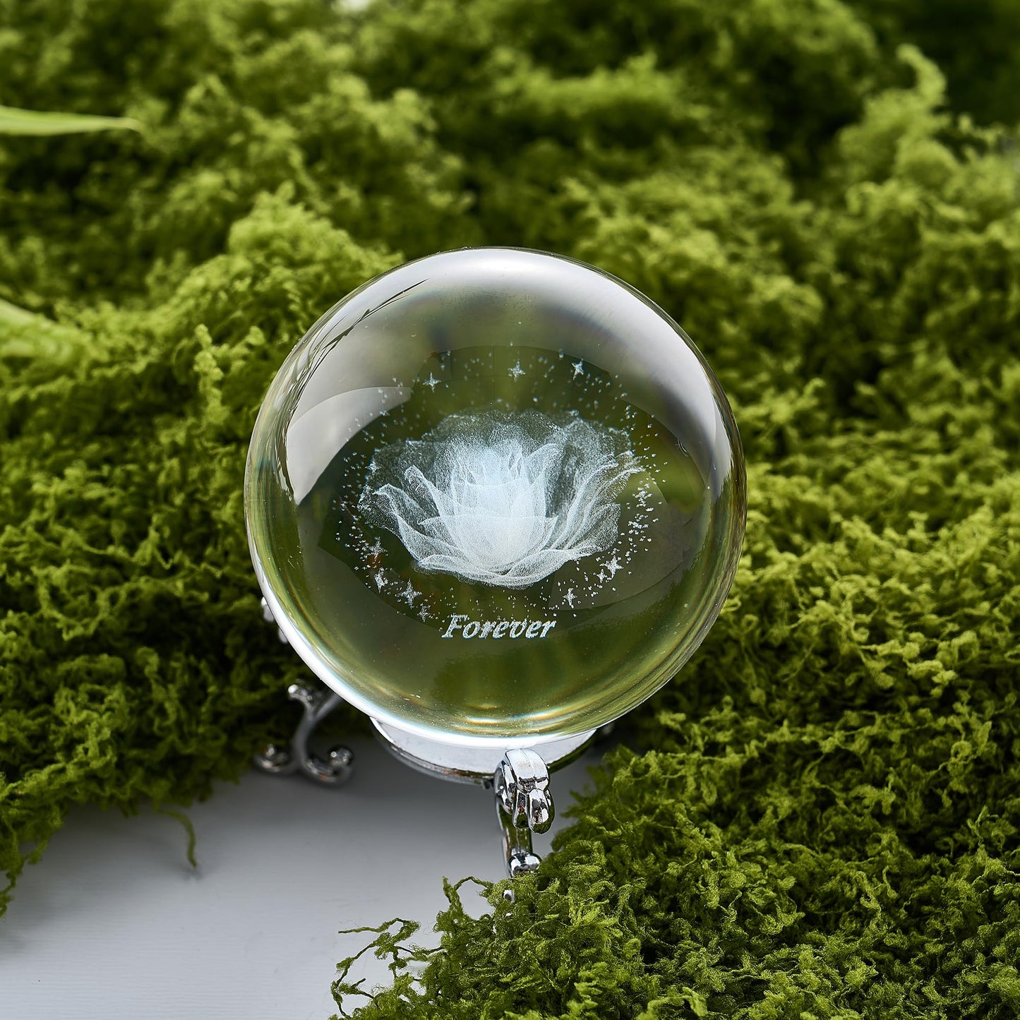 2Pcs Crystal Balls with Silver Stands - 3D Laser Engraved Rose & Clear Crystal Sphere Set, Decorative Paper Weights, Home & Party Decor, Photography Props,Birthday Gifts for Girls Women & Mom