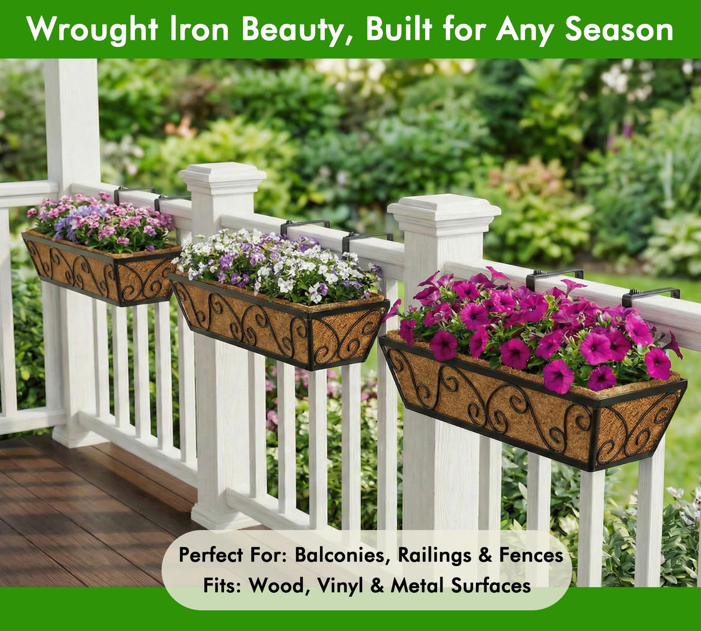 Y&M 24 Inch Window Deck with Coco Liner, Fence Metal Hanging Flower Planter Window Basket Deck Railing Planter Boxes for Outdoor Garden Lawn-Butterfly,2pcs