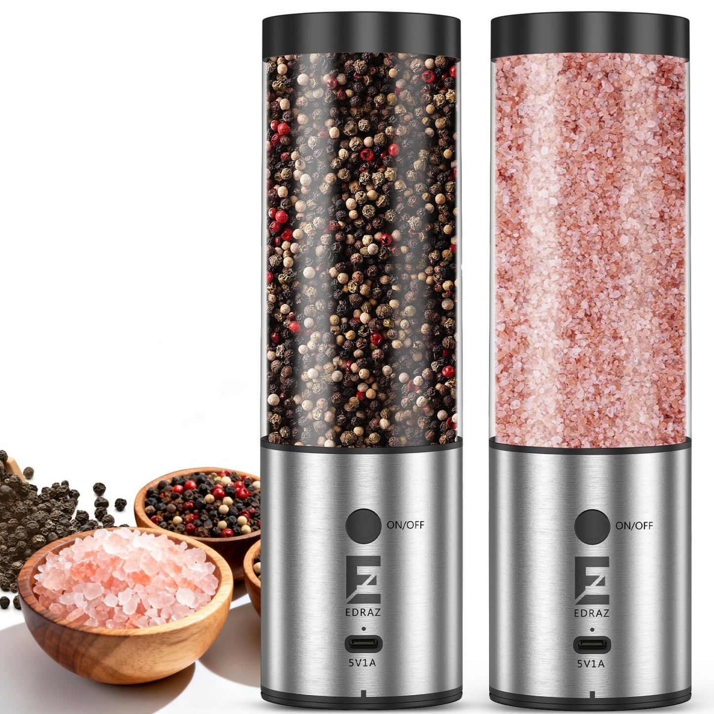 Electric Salt & Pepper Grinder Set One - Handed Automatic Pepper Mill with LED Light Adjustable Coarseness Large - Capacity Refillable Mill Durable Ceramic Core Battery Powered Seasoning Grinder