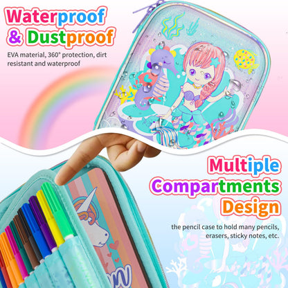 YOYTOO Mermaid Pencil Case Stationery Set for Girls, 3D EVA Big Capacity Cute Pencil Pen Case Bag with Zipper Office College School Storage Bag Pouch Holder Box Organizer