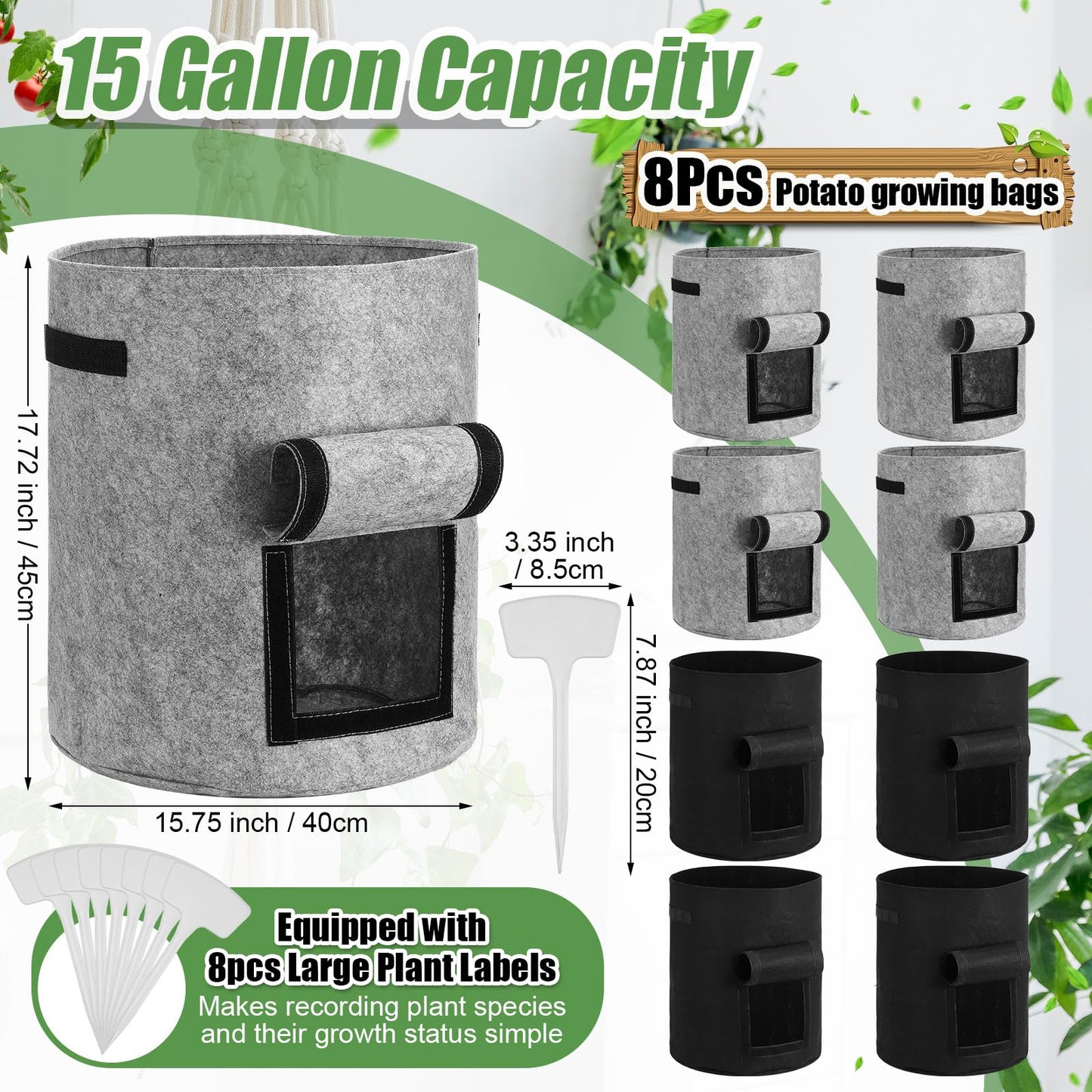 Yoojahow 8 Pcs 15 Gallon Potato Grow Bags Garden Planting Bag Vegetable Grow Bags with Flap and Handle Thickened Nonwoven Fabric Pots Thick Fabric Garden Containers for Potato Tomato Vegetables