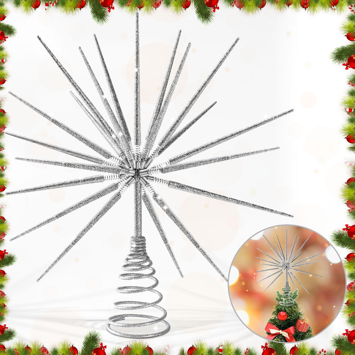 Silver Christmas Tree Topper 13.7 Inch - No DIY Silver Star Burst Tree Topper, Exploding Star Christmas Tree Decorations