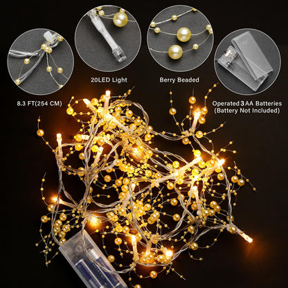 VERY100 Christmas Garland with Lights 8.3 FT Festival Lighted Berry Beaded Garland Christmas Decorations for Indoor Home Mantel Fireplace Holiday Party Decor(Gold)