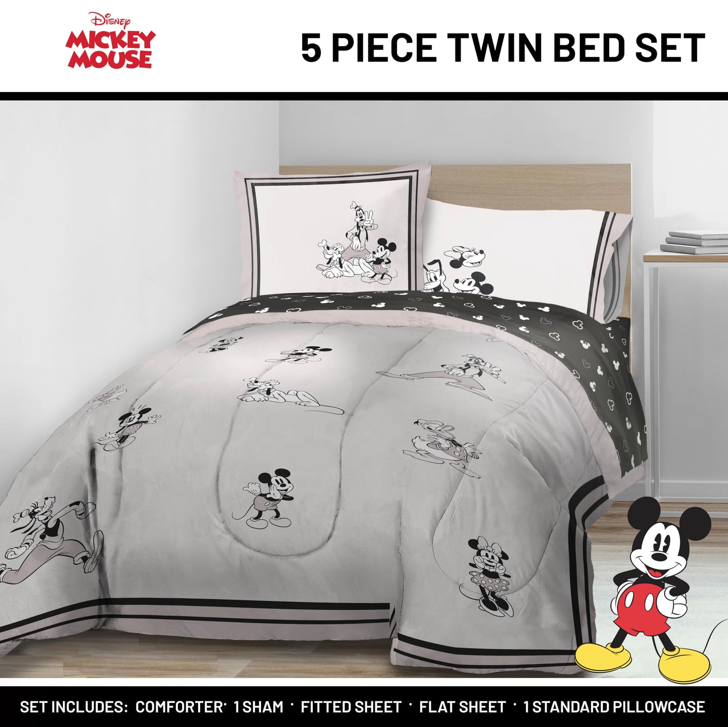 Jay Franco Kids Comforter Set Includes Sheets and Pillow Covers - Soft and Cozy Bed Set for Stylish Room Decor, Official Licensed Bedding, Beige - Mickey and Friends, 5 Piece Twin