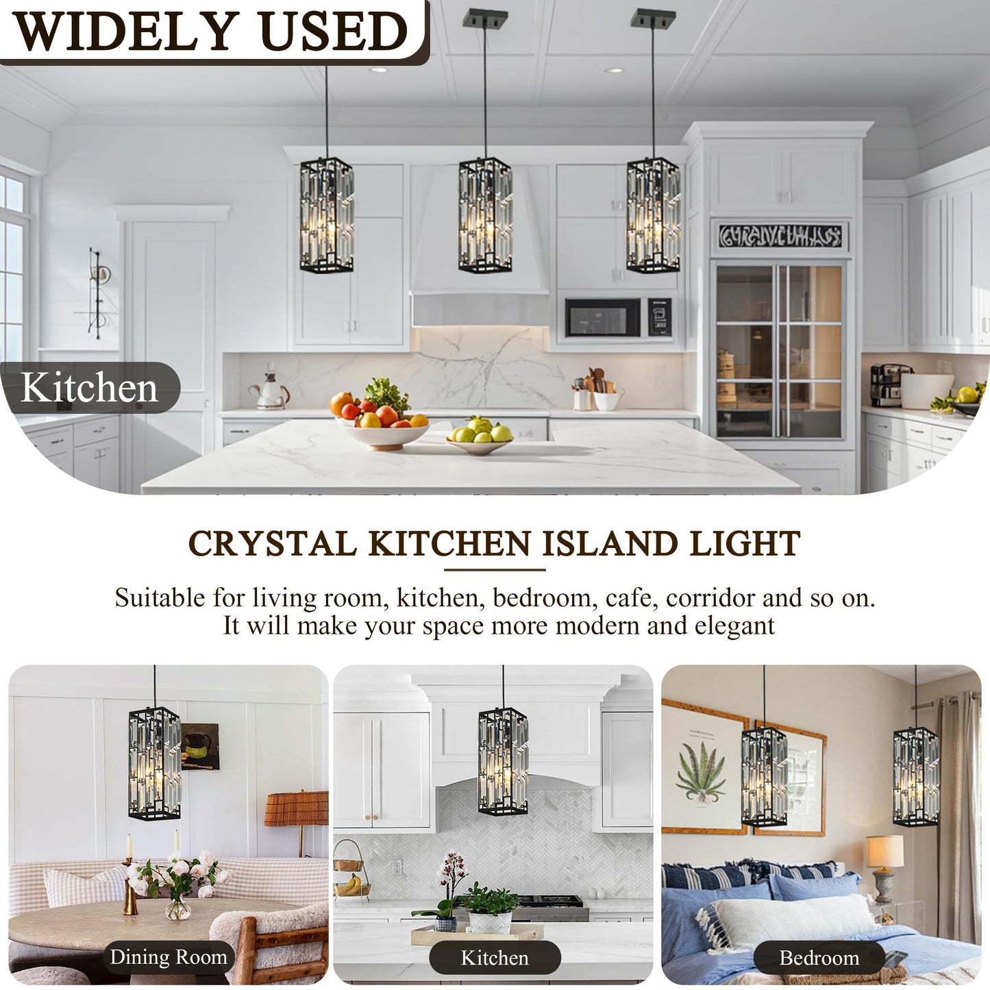 XLHYTF Black Hanging Kitchen Island Modern Concise Crystal Pendant Light Fixture, Adjustable Mini Crystal Pendant Lights Kitchen Island for Kitchen, Dining Room, and Bedroom (3 Pack)