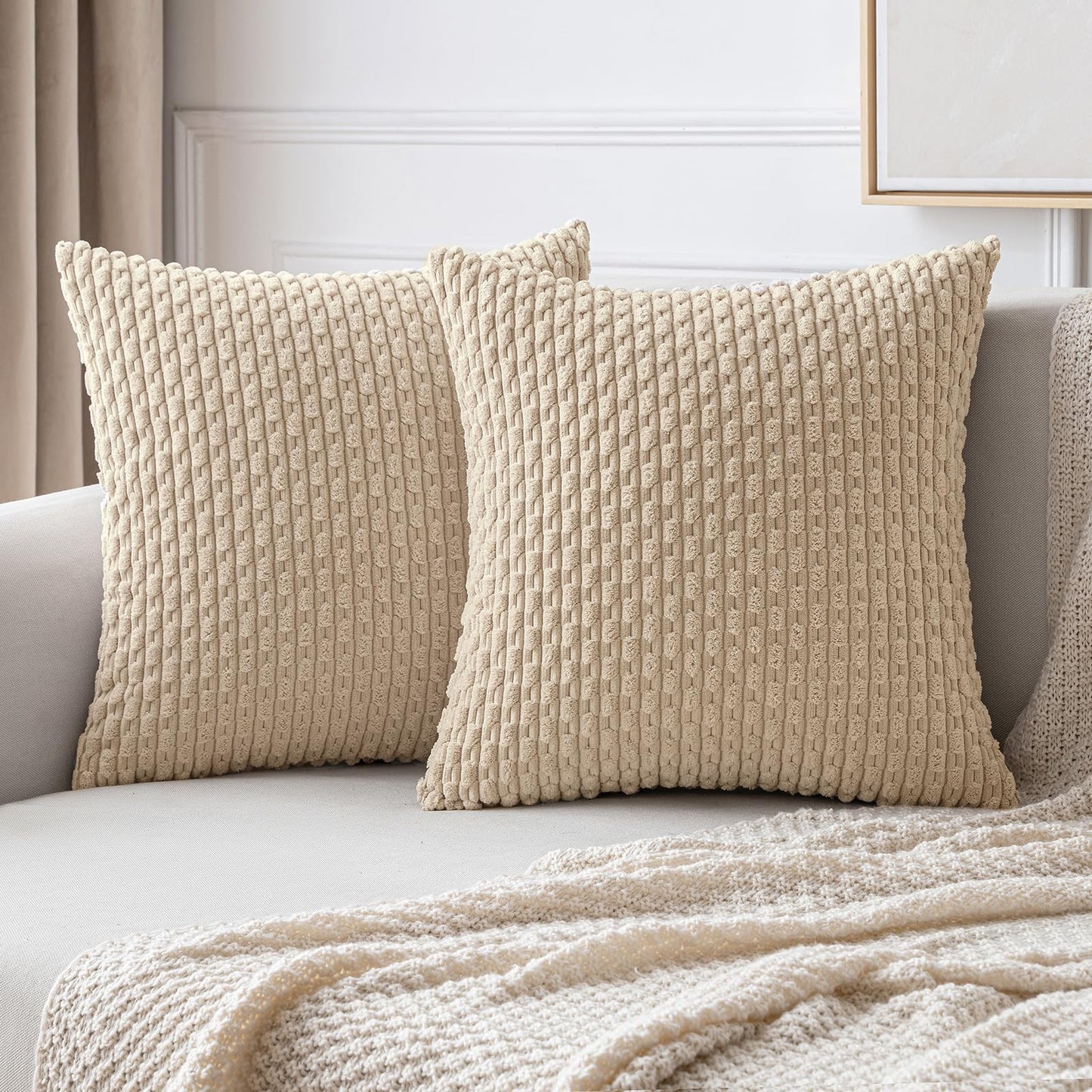 MIULEE Pack of 2 Decorative Throw Pillow Covers 18x18 Inch Soft Boho Striped Textured Corduroy Pillow Covers Modern Farmhouse Home Decor for Couch Bed Sofa Living Room Cream White