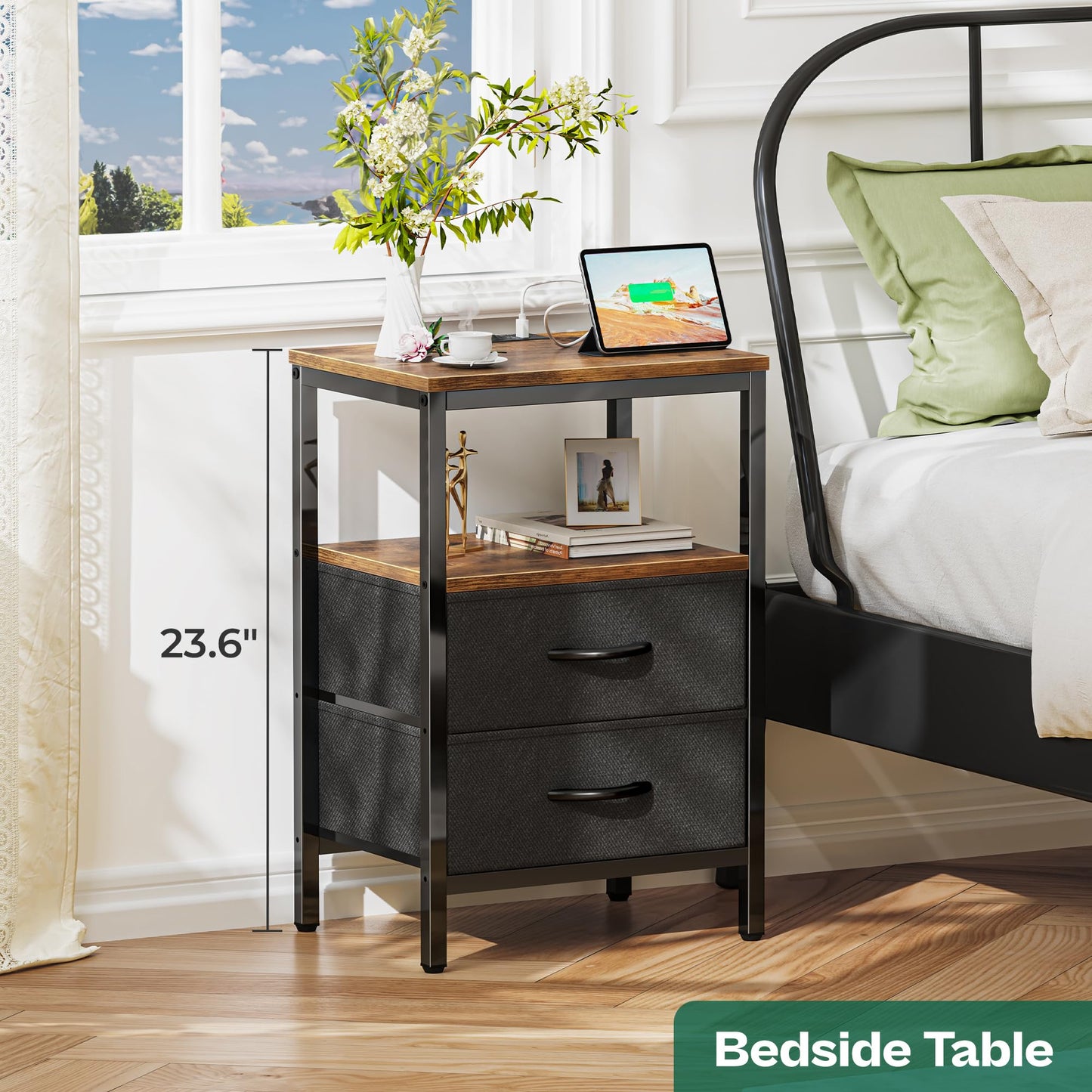 Huuger Nightstand with Charging Station, Side Table with Fabric Drawers, End Table with Open Shelf, Bedside Table with USB Ports and Outlets, Night Stand for Bedroom, Rustic Brown and Black