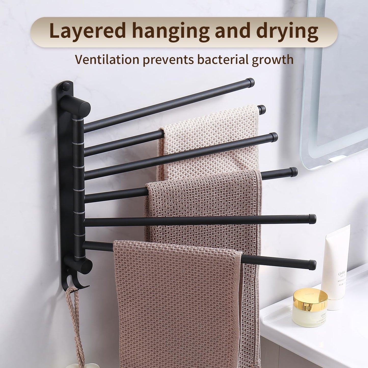Swivel Towel Rack, 14" Thicken 304 Stainless Steel 6-Arm Adjustable Towel Bar,Wall Mounted Towel Holder with Hook, Space Saving for Kitchen, Bathroom, Outdoor (Black, 6 Arms)