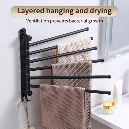Swivel Towel Rack, 14" Thicken 304 Stainless Steel 6-Arm Adjustable Towel Bar,Wall Mounted Towel Holder with Hook, Space Saving for Kitchen, Bathroom, Outdoor (Black, 6 Arms)