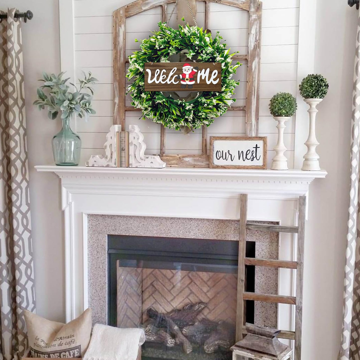 Green Eucalyptus Wreath with Welcome Sign, 16" Easter Spring Artificial Wreath Hanging Decor for Front Door Porch Window Housewarming Gift