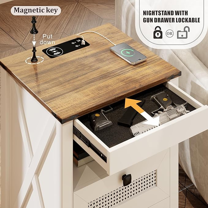 FREDEES Nightstand Set 2 with Gun Drawer, Bed Side Table with Charging Station